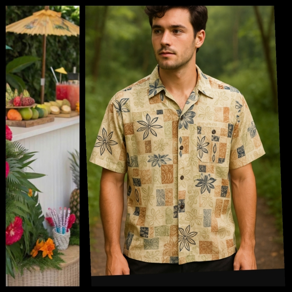 100% Silk Hawaiian Print Button Down Shirt Size Large by Bruno Designed in Italy
